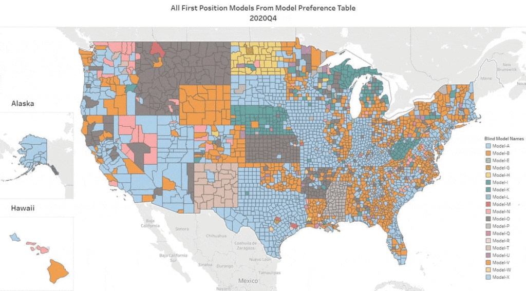 Graphic showing which AVM was tops in each county over the last 8 quarters. Shows constantly changing colors. 16 or 17 AVMs claim the top spot in at least one county each quarter.