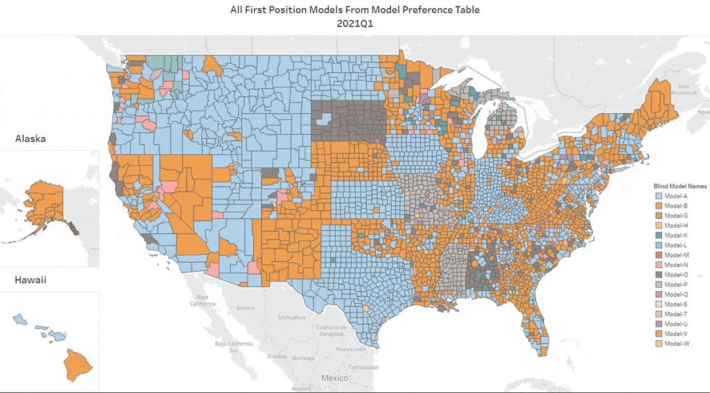 Map of the united states in which every county is a color representing the best AVM according to the legend. Every second the map updates to the next quarter, starting in Q1 of 2021 and going through 7 updates to Q4 of 2022. The colors change quite rapidly, showing a lot of dynamism in the AVM rankings.