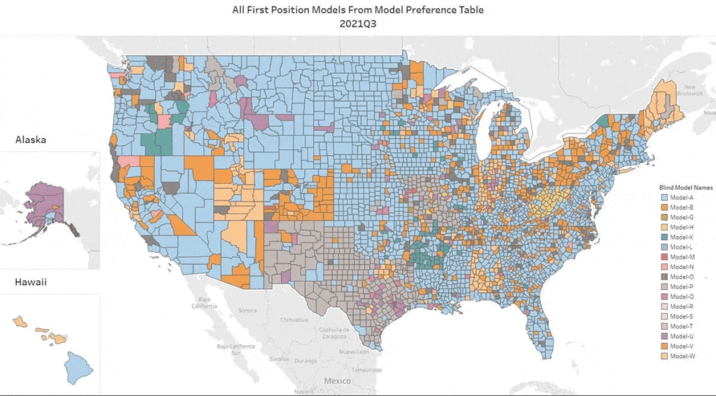 map of the united states cycling between 8 images showing a different color for each AVM that is #1 in the county. The colors change rapidly and substantially indicating a very dynamic market where leadership as "the best AVM" changes a lot.