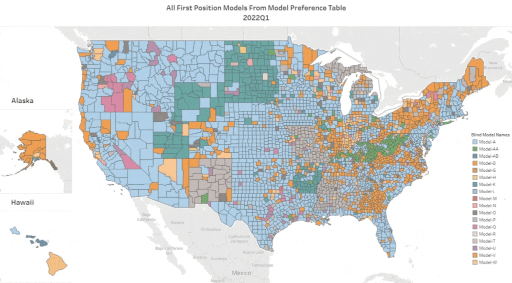 A gif showing the most recent 8 quarters of AVM performance with the #1 AVM in each county represented by a unique color