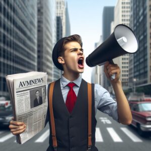 A paperboy shouting to announce the latest version of the AVMNews somewhere on the streets of the big city